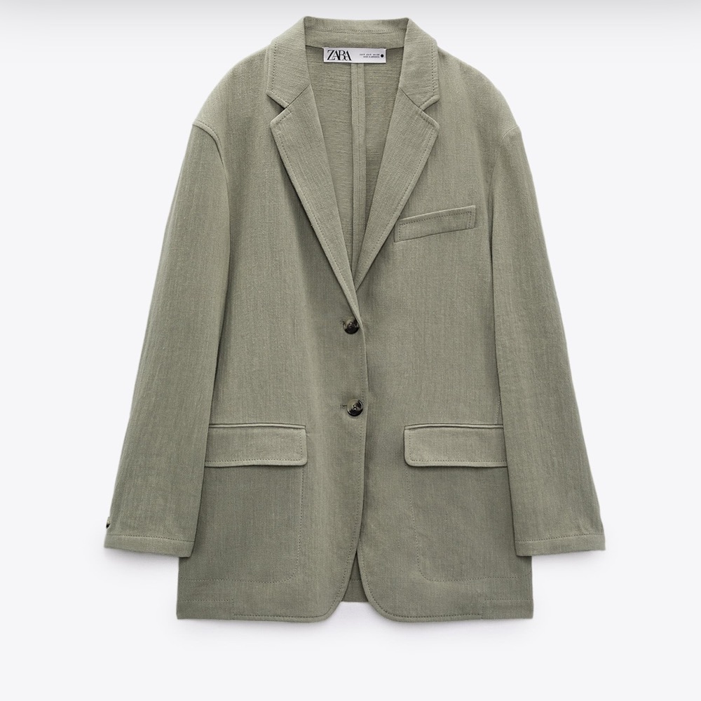 Zara Straight Linen Blend Blazer Khaki Green